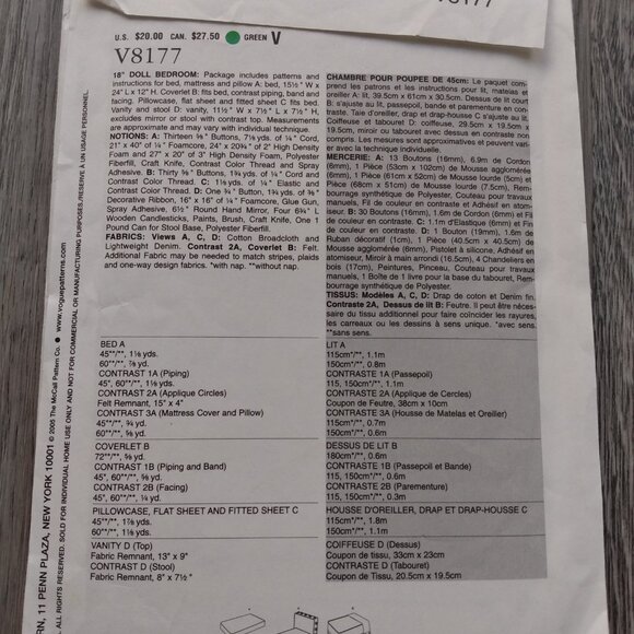 Vintage Vogue 18" Doll Bedroom Furniture Set Sewing Pattern UNCUT 8177 - Picture 4 of 9